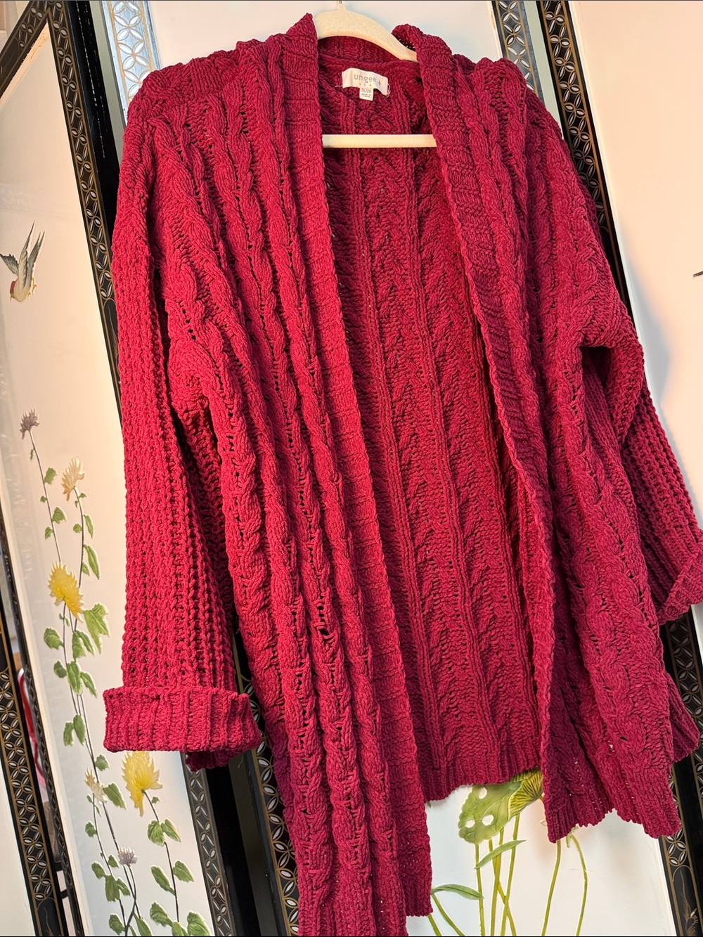 UMGEE+ SOFT Burgundy KNIT  Open Front Cardigan, cable knit, hand knit